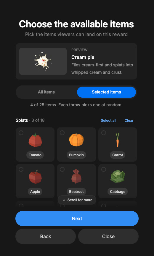Picking items, with a live preview of whatever you pick last. The item picker in the dashboard, with a live preview of the cream pie above the item grid